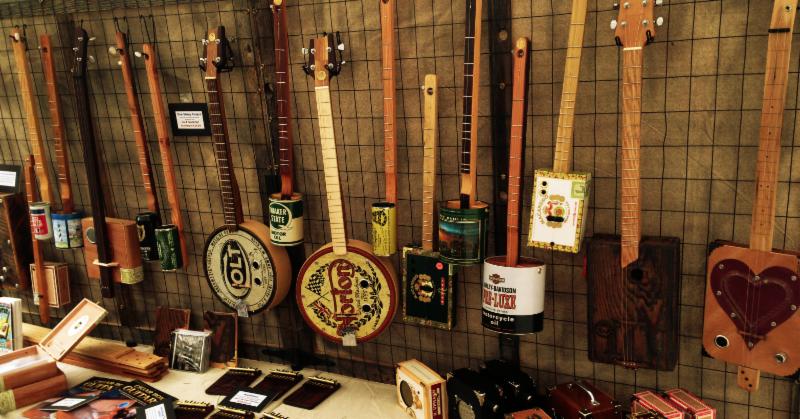 Handmade musical instruments for sale at a festival