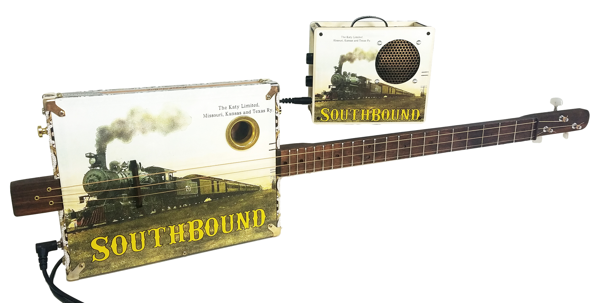 "Southbound Katy" Rail-hopper Combo - Fully Fretted 3-string Open G Cigar Box Guitar/ Amp Combo