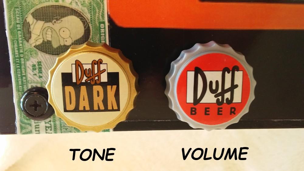 Duff beer guitar by Jim S. volume and tone knobs