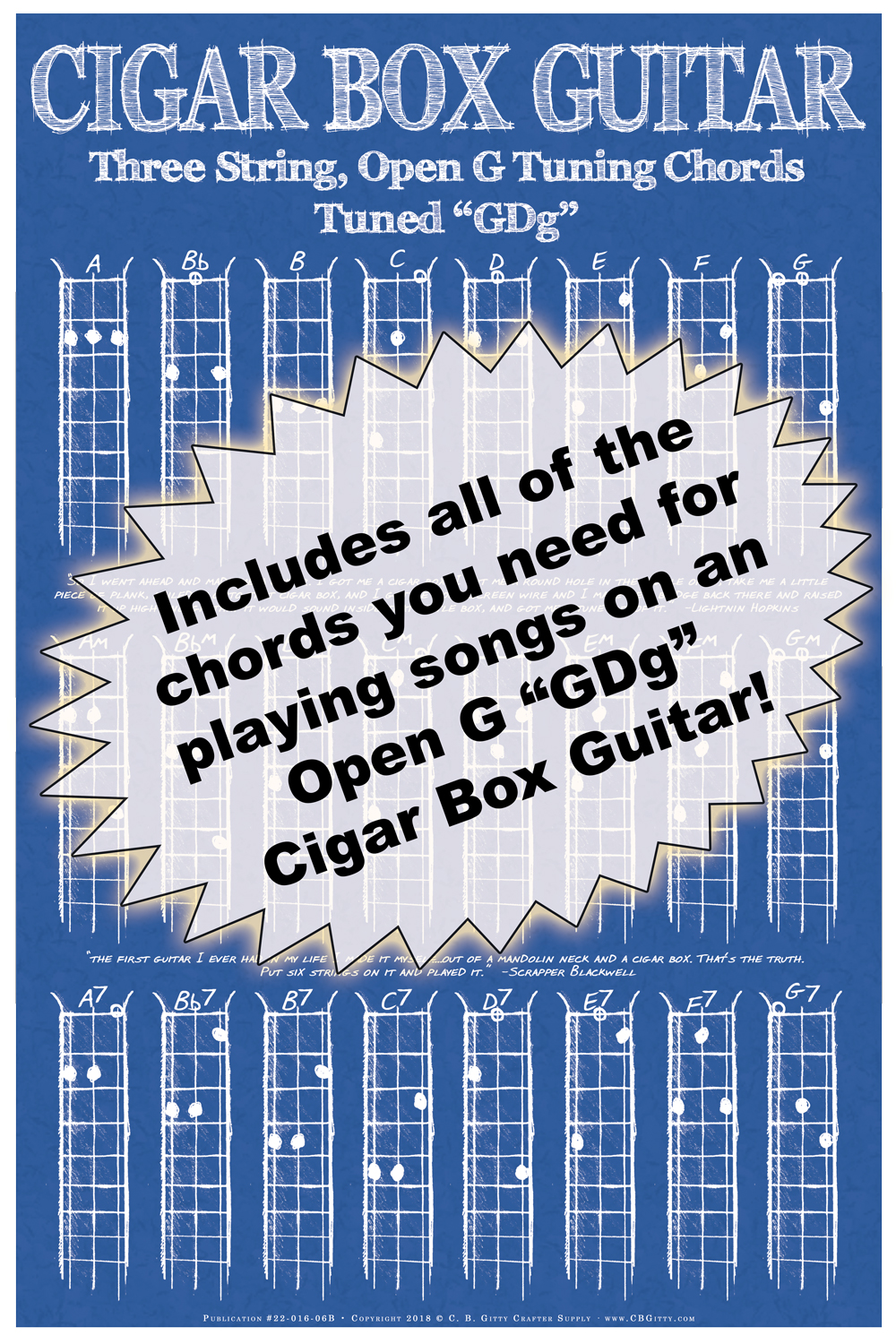 Blueprint-style 3-string Open G Chord Poster for Cigar Box Guitar