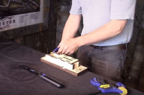 Scarf joint miter box demonstration - clamp depth stop-end