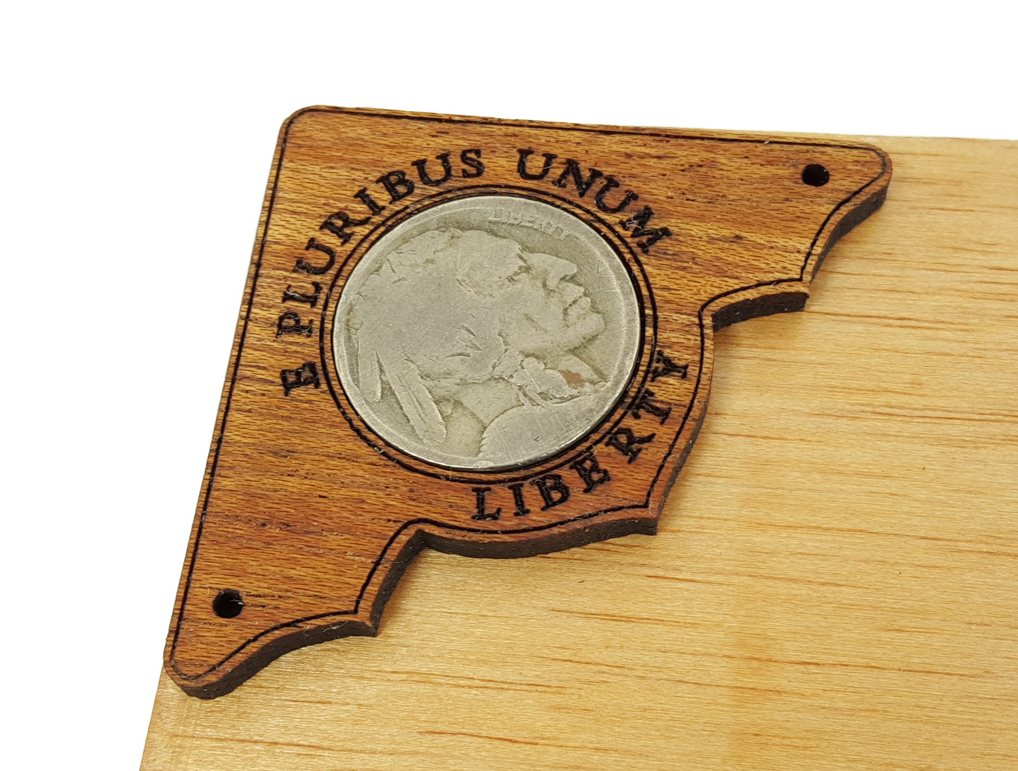 Mahogany Box Corner Decorations featuring U. S. Indian Head "Buffalo" Nickels