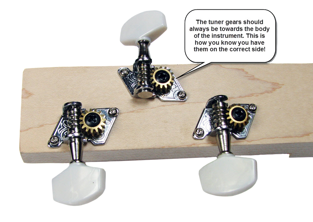 Be certain to install tuners with the gears facing toward the cigar box