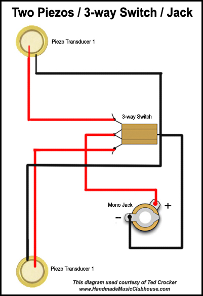 Disk piezos wired to 3-way switch to jack