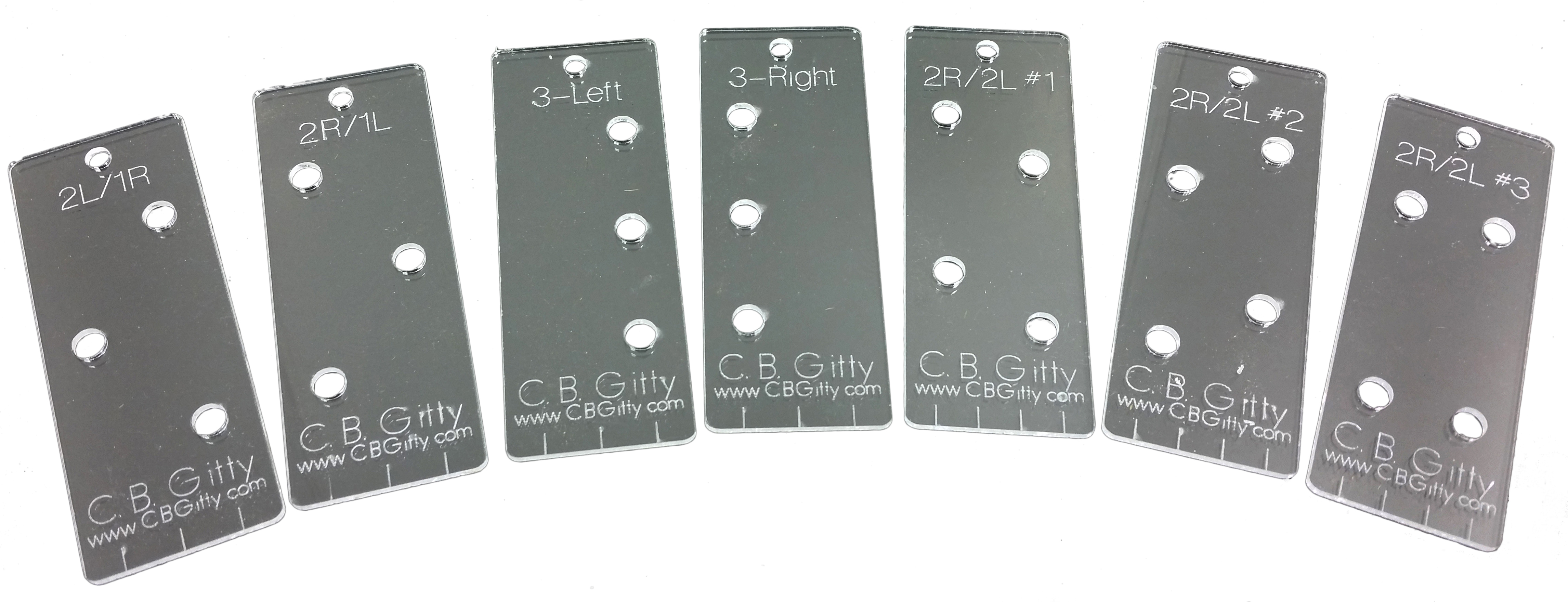7pc. Cigar Box Guitar Headstock Drilling Templates for 3- and 4-string CBGs - include string spacing guides