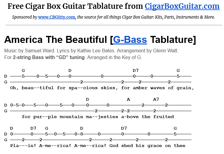 America the Beautiful 2-string G-Bass tablature