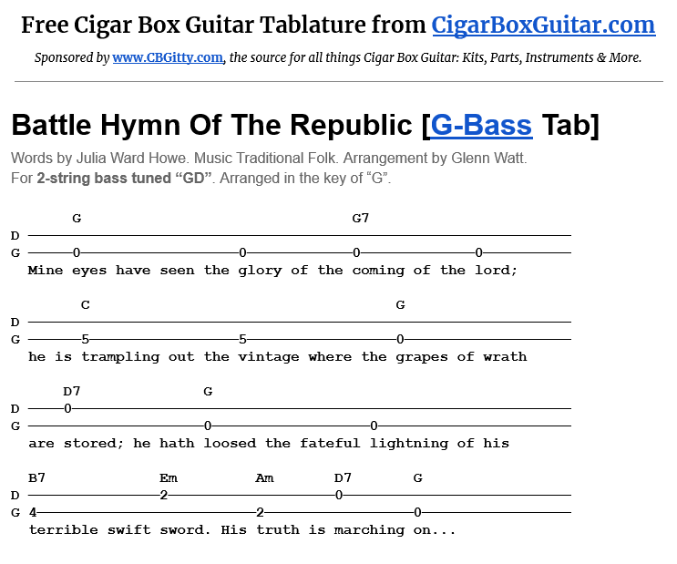 Battle Hymn of the Republic 2-string G-Bass tablature