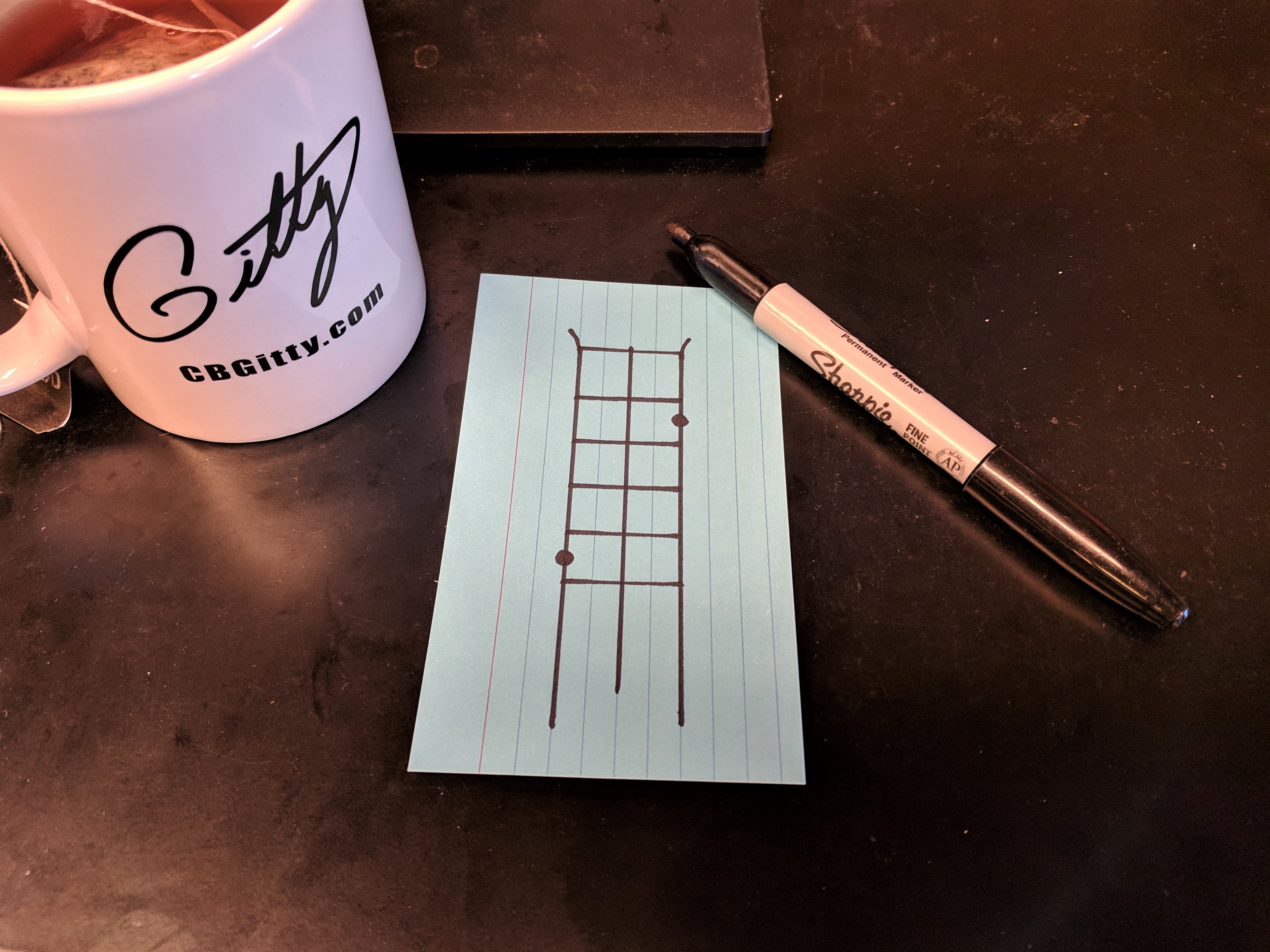 The chord shape-side of the flash card displays what strings to fret for the D7 shape