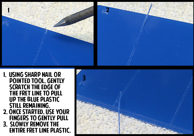 Cleaning blue protective plastic from the fret channels in acrylic fretboard