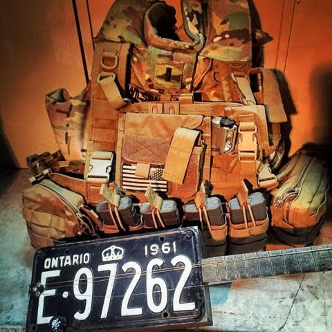License plate guitar with a military rucksack