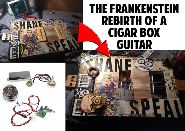 Dead Cigar Box Guitar Given "Frankenstein" Life with C. B. Gitty Parts, Psycho Knob