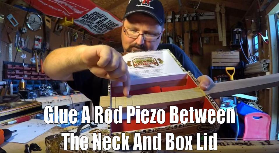 Shane Speal shows how where to install a rod piezo in a neck-through cigar box guitar