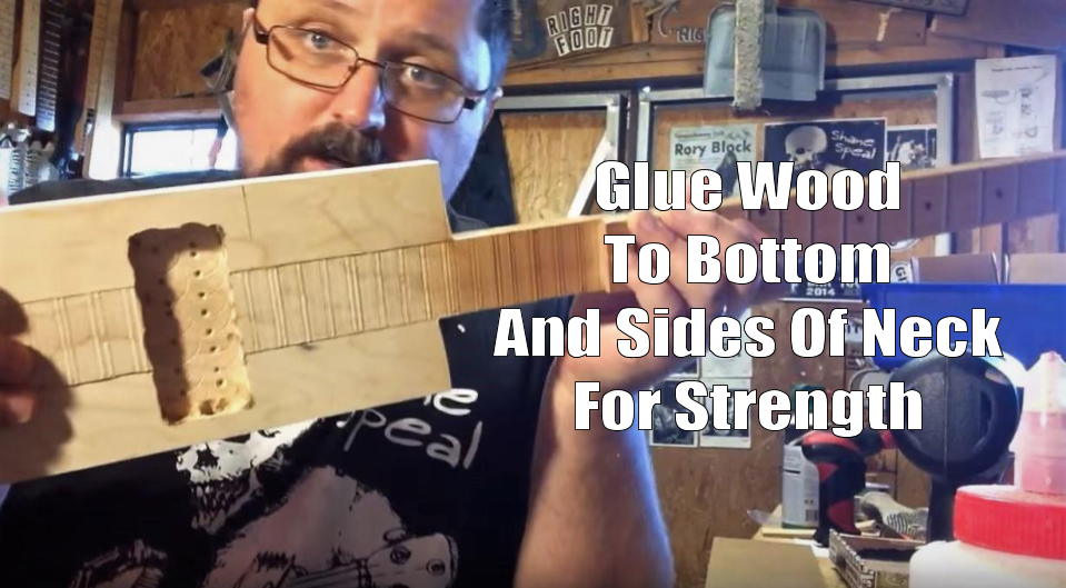 Shane Speal shows how gluing wood to bottom and sides of neck adds strength 