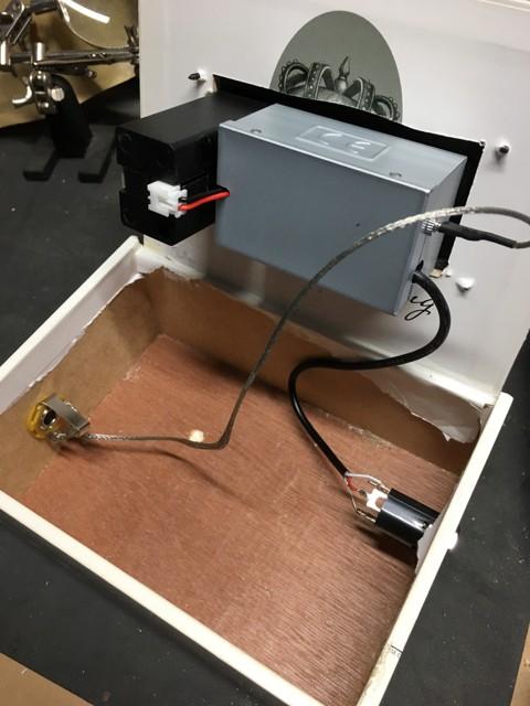 Inside look of pre-amp installed in cigar box