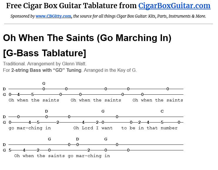 Oh When the Saints (Go Marching In) 2-string G-Bass Tablature