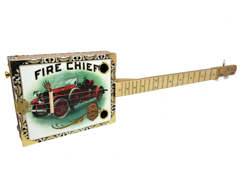 One of a Kind "Fire Chief" Vintage Art Illustrated 3-string Cigar Box Guitarcbgitty.com/cigar-box-guitars-more/one-of-a-kind-fire-chief-vintage-art-illustrated-3-string-cigar-box-guitar/