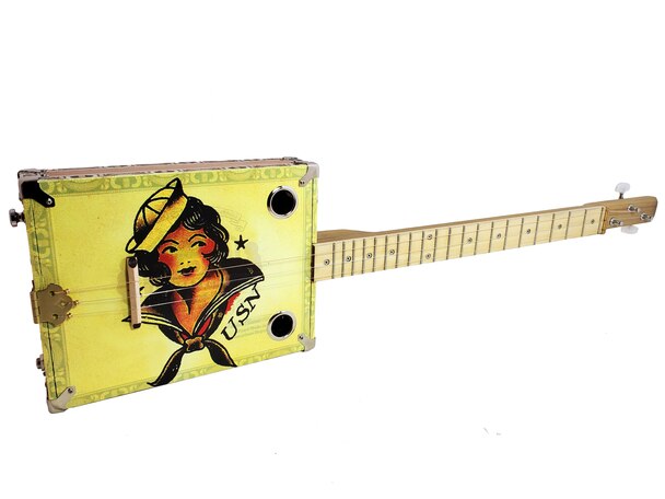 One of a Kind "Sailor Jane" Vintage Tattoo Art Illustrated 3-string Cigar Box Guitar