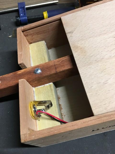 Leads soldered to jack in sliding-lid cigar box