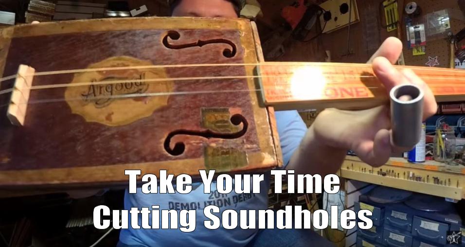 Shane Speal recommends that you take your time cutting sound holes in antique cigar boxes